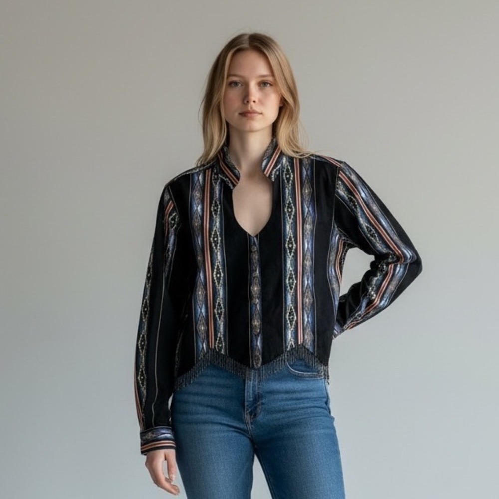 Panhandle Slim Vintage Western Cropped Beaded Fringe Shirt Black Aztec M